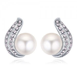 Austrian Crystal and Pearl Fashion Design Platinum Plated Stud Earrings - White