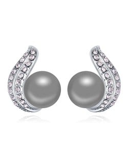 Austrian Crystal and Pearl Fashion Design Platinum Plated Stud Earrings - Gray