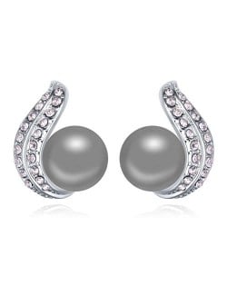 Austrian Crystal and Pearl Fashion Design Platinum Plated Stud Earrings - Gray