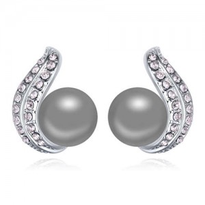 Austrian Crystal and Pearl Fashion Design Platinum Plated Stud Earrings - Gray