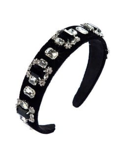 Floral Pattern Square Glass Gems Embellished Velvet Women Headband/ Hairhoop - Black