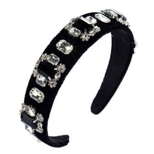 Floral Pattern Square Glass Gems Embellished Velvet Women Headband/ Hairhoop - Black
