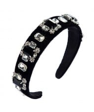 Floral Pattern Square Glass Gems Embellished Velvet Women Headband/ Hairhoop - Black