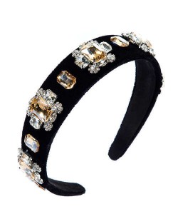 Floral Pattern Square Glass Gems Embellished Velvet Women Headband/ Hairhoop - Champagne