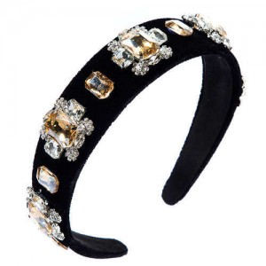 Floral Pattern Square Glass Gems Embellished Velvet Women Headband/ Hairhoop - Champagne