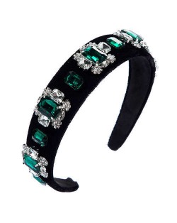 Floral Pattern Square Glass Gems Embellished Velvet Women Headband/ Hairhoop - Green