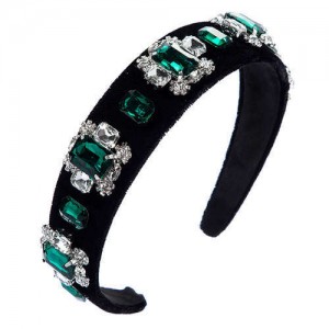 Floral Pattern Square Glass Gems Embellished Velvet Women Headband/ Hairhoop - Green