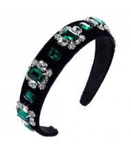 Floral Pattern Square Glass Gems Embellished Velvet Women Headband/ Hairhoop - Green