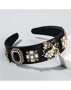 Gems and Pearl Ladybug and Flowers Decorations High Fashion Women Hair Hoop/ Headband - Black