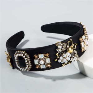 Gems and Pearl Ladybug and Flowers Decorations High Fashion Women Hair Hoop/ Headband - Black