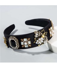 Gems and Pearl Ladybug and Flowers Decorations High Fashion Women Hair Hoop/ Headband - Black