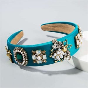 Gems and Pearl Ladybug and Flowers Decorations High Fashion Women Hair Hoop/ Headband - Green