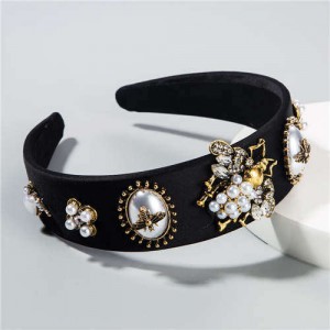 Baroque Fashion Bee and Floral Pattern Women Headband/ Hair Hoop - Black