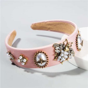 Baroque Fashion Bee and Floral Pattern Women Headband/ Hair Hoop - Pink