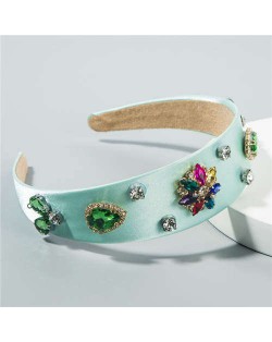 Rhinestone Gems Flowers Decorated Satin Cloth Bold Fashion Women Hair Hoop/ Headband - Green