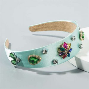 Rhinestone Gems Flowers Decorated Satin Cloth Bold Fashion Women Hair Hoop/ Headband - Green