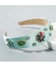 Rhinestone Gems Flowers Decorated Satin Cloth Bold Fashion Women Hair Hoop/ Headband - Green