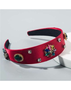 Rhinestone Gems Flowers Decorated Satin Cloth Bold Fashion Women Hair Hoop/ Headband - Red