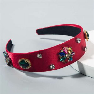 Rhinestone Gems Flowers Decorated Satin Cloth Bold Fashion Women Hair Hoop/ Headband - Red