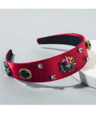 Rhinestone Gems Flowers Decorated Satin Cloth Bold Fashion Women Hair Hoop/ Headband - Red