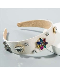 Rhinestone Gems Flowers Decorated Satin Cloth Bold Fashion Women Hair Hoop/ Headband - White