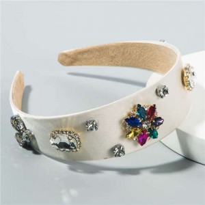 Rhinestone Gems Flowers Decorated Satin Cloth Bold Fashion Women Hair Hoop/ Headband - White