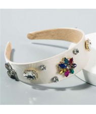 Rhinestone Gems Flowers Decorated Satin Cloth Bold Fashion Women Hair Hoop/ Headband - White