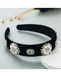 Rhinestone Gems Flowers Decorated Satin Cloth Bold Fashion Women Hair Hoop/ Headband - Black