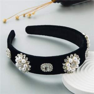 Rhinestone Gems Flowers Decorated Satin Cloth Bold Fashion Women Hair Hoop/ Headband - Black