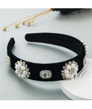 Rhinestone Gems Flowers Decorated Satin Cloth Bold Fashion Women Hair Hoop/ Headband - Black