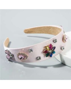 Rhinestone Gems Flowers Decorated Satin Cloth Bold Fashion Women Hair Hoop/ Headband - Pink
