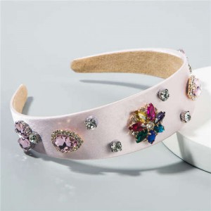 Rhinestone Gems Flowers Decorated Satin Cloth Bold Fashion Women Hair Hoop/ Headband - Pink