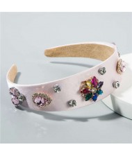 Rhinestone Gems Flowers Decorated Satin Cloth Bold Fashion Women Hair Hoop/ Headband - Pink