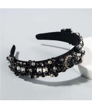 Creative Rhinestone Floral Pattern Baroque Style Women Hair Hoop - Black