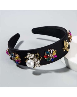 Pearl Inlaid Bee and Flowers High Fashion Baroque Style Women Hair Hoop - Black