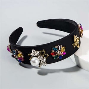 Pearl Inlaid Bee and Flowers High Fashion Baroque Style Women Hair Hoop - Black