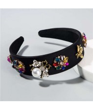 Pearl Inlaid Bee and Flowers High Fashion Baroque Style Women Hair Hoop - Black