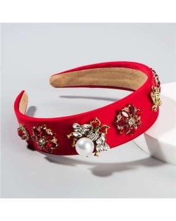 Pearl Inlaid Bee and Flowers High Fashion Baroque Style Women Hair Hoop - Red