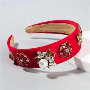 Pearl Inlaid Bee and Flowers High Fashion Baroque Style Women Hair Hoop - Red