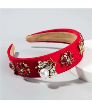 Pearl Inlaid Bee and Flowers High Fashion Baroque Style Women Hair Hoop - Red