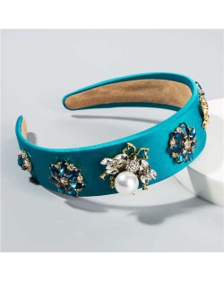 Pearl Inlaid Bee and Flowers High Fashion Baroque Style Women Hair Hoop - Blue