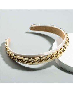 Golden Chain Attached Internet Celebrity Choice High Fashion Women Hair Hoop/ Headband - White