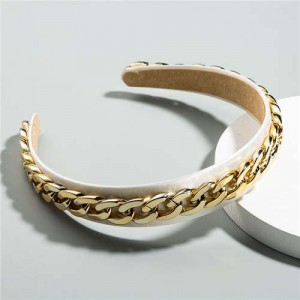 Golden Chain Attached Internet Celebrity Choice High Fashion Women Hair Hoop/ Headband - White