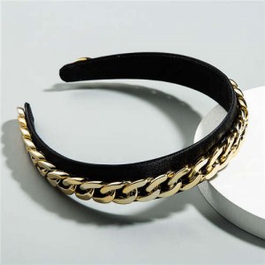 Golden Chain Attached Internet Celebrity Choice High Fashion Women Hair Hoop/ Headband - Black