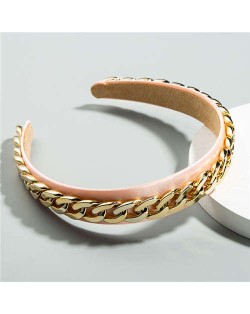 Golden Chain Attached Internet Celebrity Choice High Fashion Women Hair Hoop/ Headband - Pink