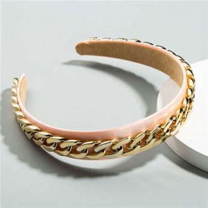 Golden Chain Attached Internet Celebrity Choice High Fashion Women Hair Hoop/ Headband - Pink