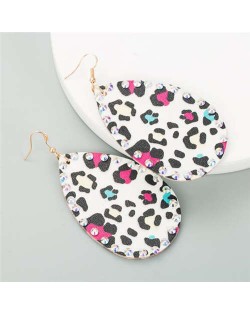 Rhinestone Embellished Folk Fashion Waterdrop Leather Texture Women Wholesale Earrings - White