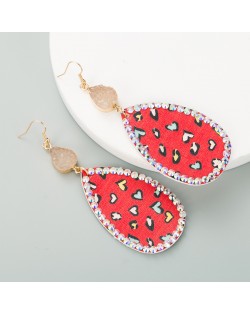 Rhinestone Embellished Folk Fashion Waterdrop Leather Texture Women Wholesale Earrings - Red