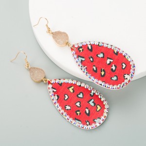 Rhinestone Embellished Folk Fashion Waterdrop Leather Texture Women Wholesale Earrings - Red