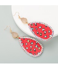 Rhinestone Embellished Folk Fashion Waterdrop Leather Texture Women Wholesale Earrings - Red